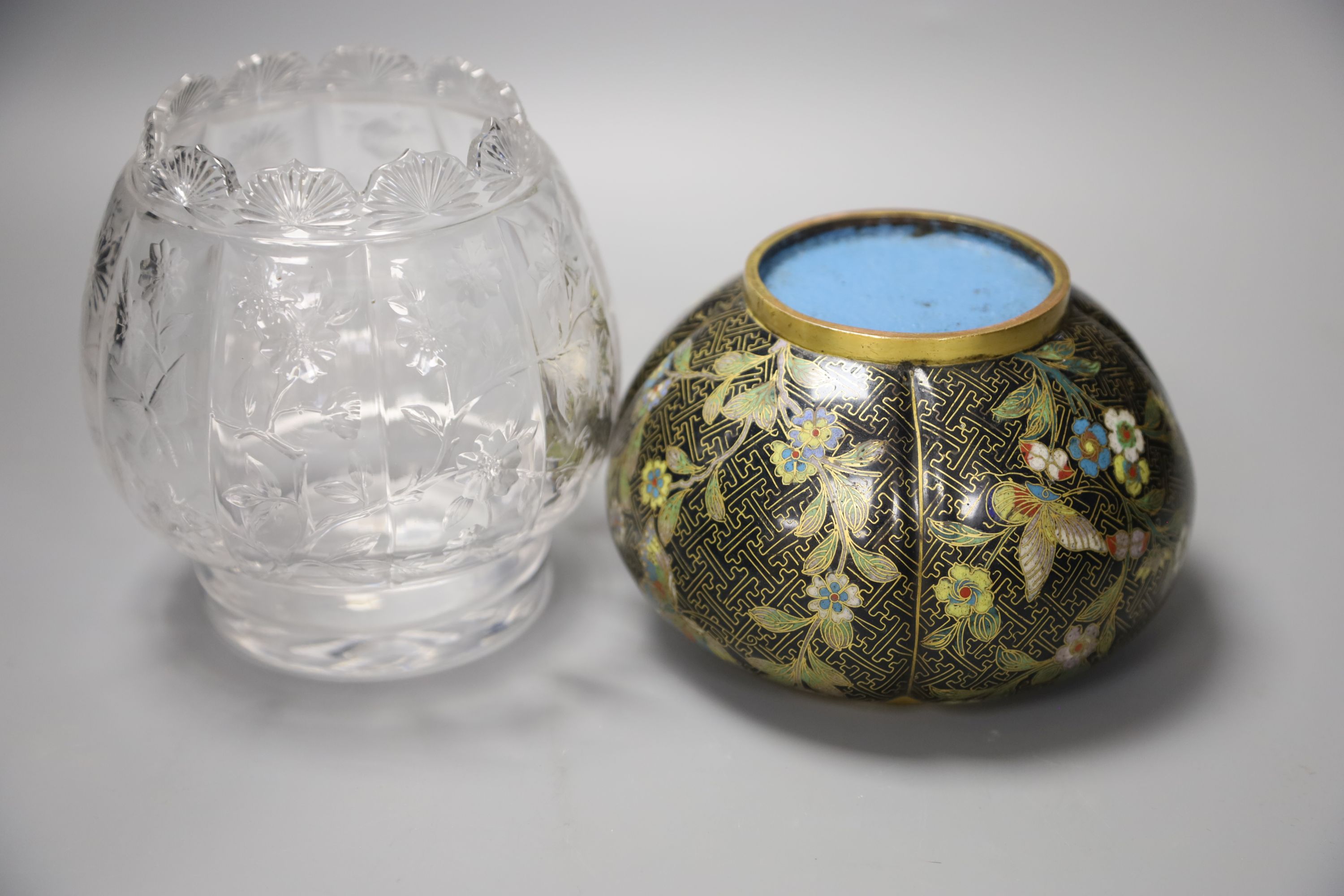 A late 19th century rock crystal glass and cloisonne enamel vase, possibly Elkington & Co and Thomas Webb?, height 21.5cm